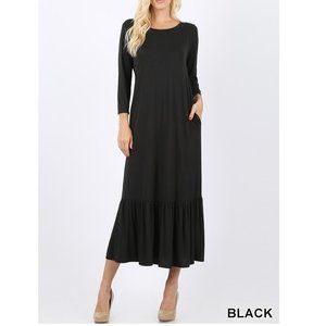 Black maxi dress 3/4 sleeve Ruffle Hem - Relaxed Fit